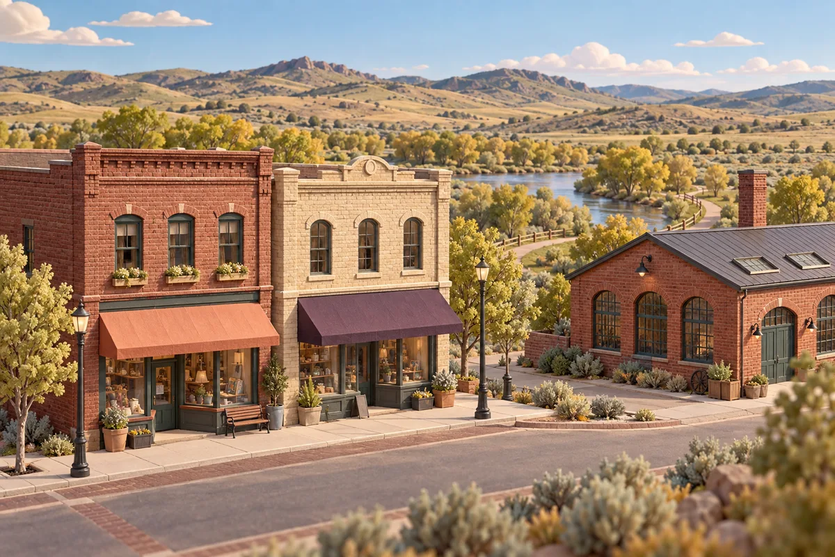 Conceptual Wyoming street with brick storefronts, a workshop, a river path, cottonwoods, and dry rolling hills