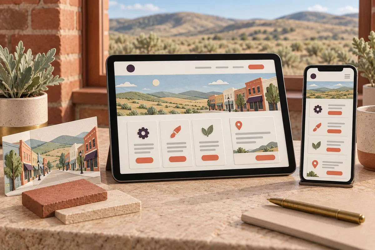 Conceptual tablet and phone website with service cards, visit-information panel, and coral buttons beside a folded street illustration