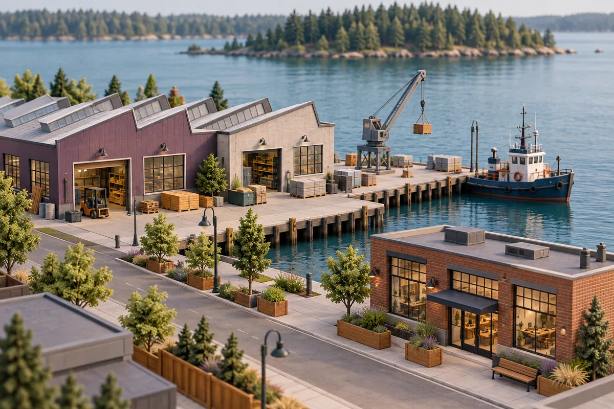 Conceptual working harbor with industrial workshops, freight crane, workboat, landscaped street, and a small brick business studio