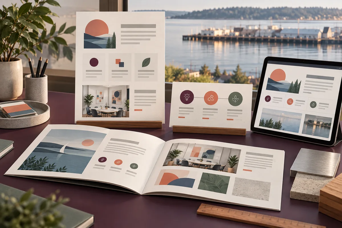 Conceptual service booklet, modular capability sheet, process card, and tablet with coordinated ivory, plum, coral, and harbor-blue layouts