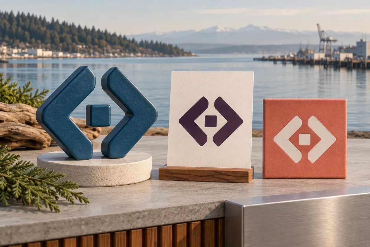 Conceptual geometric emblem of two facing angular brackets and a central square, shown as blue sculpture and flat plum and ivory artwork