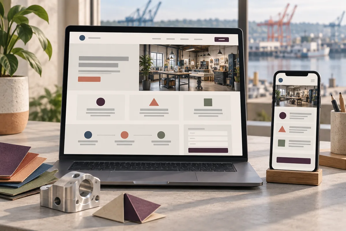 Conceptual laptop and phone service website with workshop imagery, three service cards, process steps, and an inquiry form beside a metal component