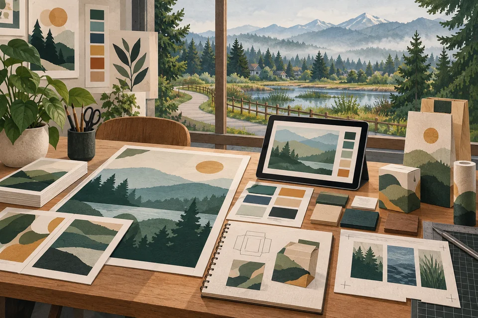 Conceptual graphic design materials overlooking a Fairwood-inspired wooded wetland