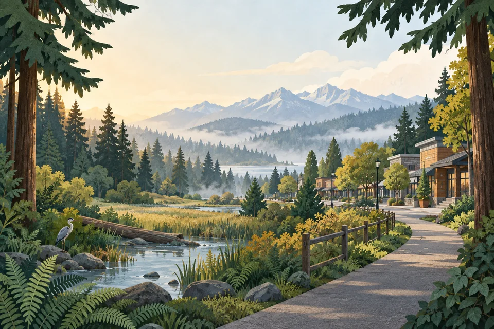 Conceptual Fairwood wooded neighborhood, greenway, wetland and Cascade foothills