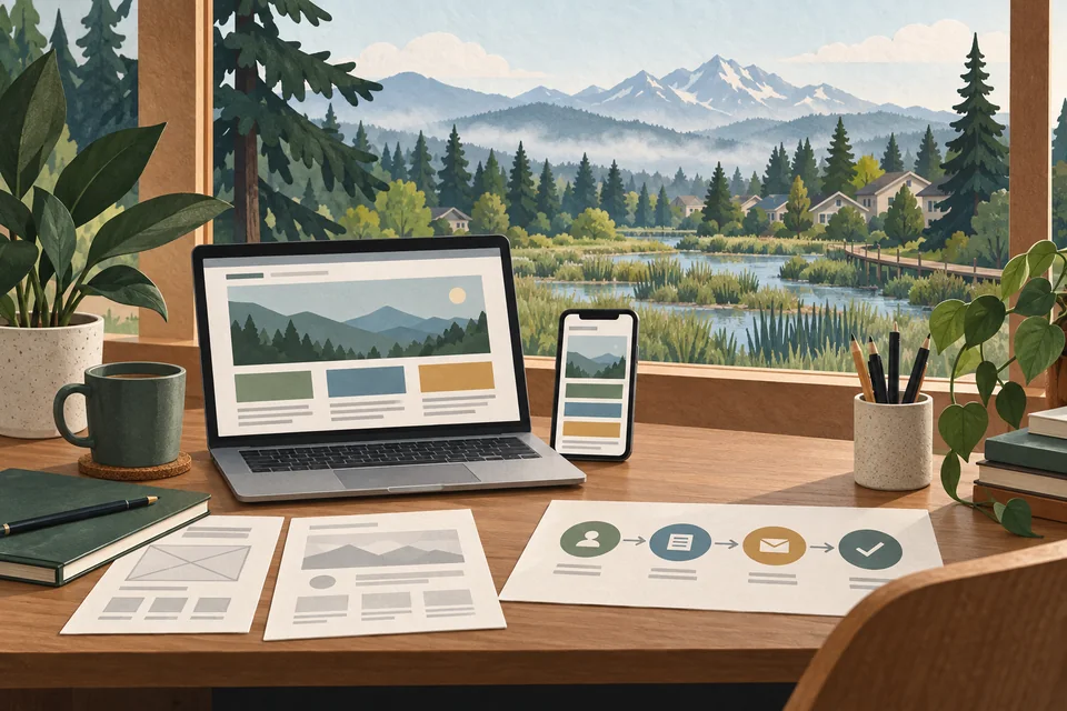 Conceptual responsive web design desk overlooking a Fairwood-inspired wetland greenway
