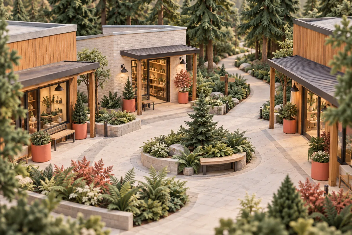 Conceptual cedar and brick storefront courtyard with planted paths, coral planters, covered entries, and surrounding evergreen trees