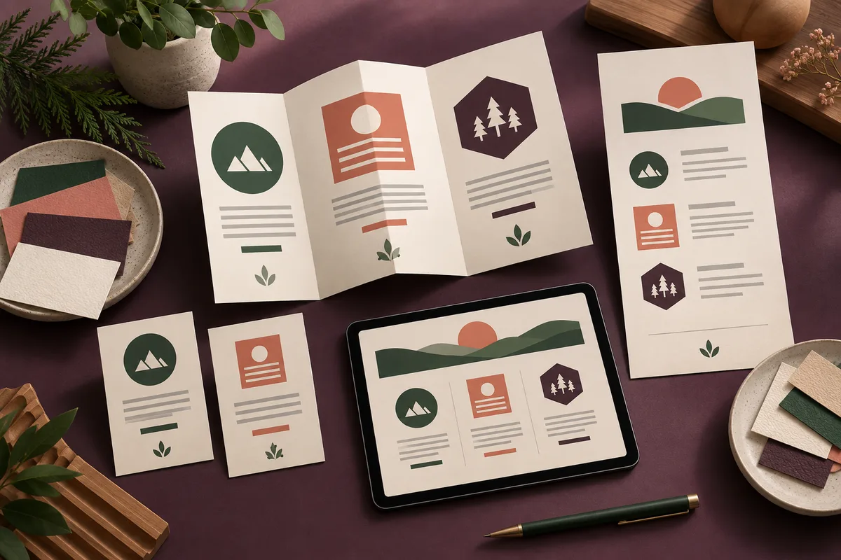 Conceptual folded service brochure, counter cards, tall service sheet, and tablet with matching ivory, plum, coral, and green designs