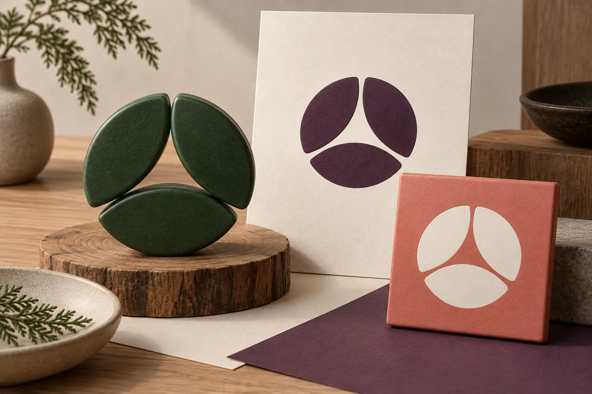 Conceptual three-part rounded emblem shown as a green ceramic sculpture, plum artwork on an ivory card, and ivory artwork on a coral tile