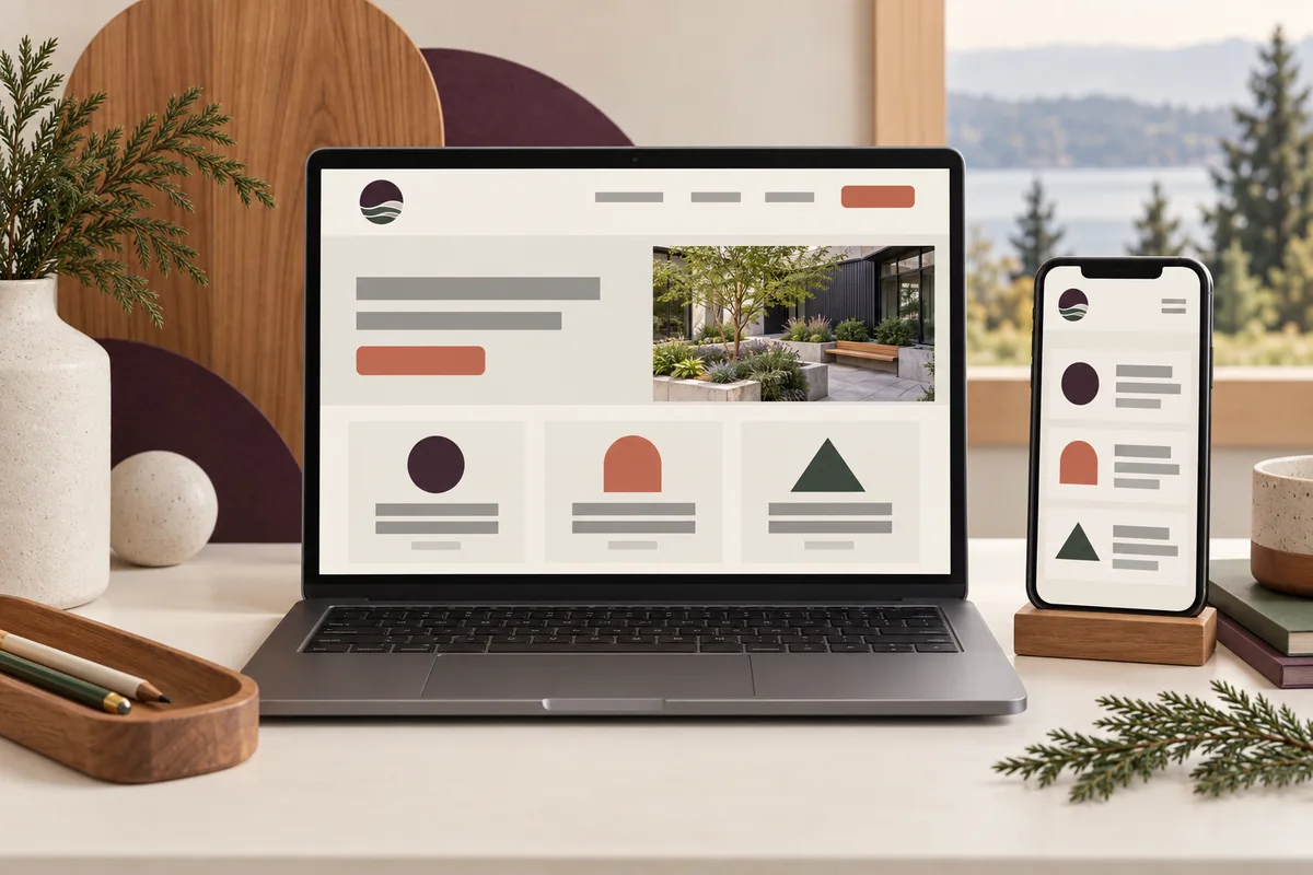 Conceptual laptop and phone showing three service choices in coordinated plum, coral, and woodland green layouts