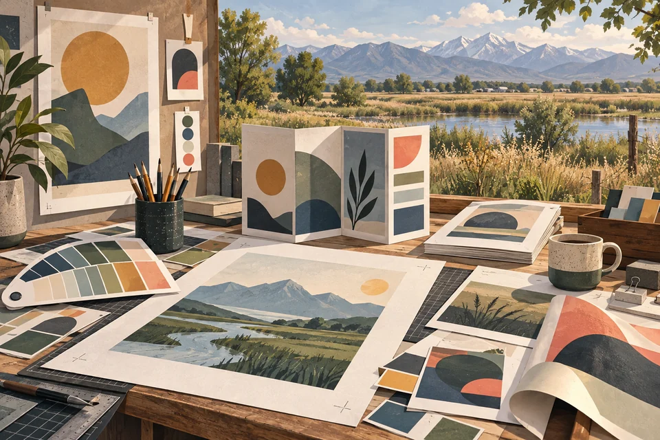 Conceptual graphic design materials overlooking a Hooper-inspired rural landscape