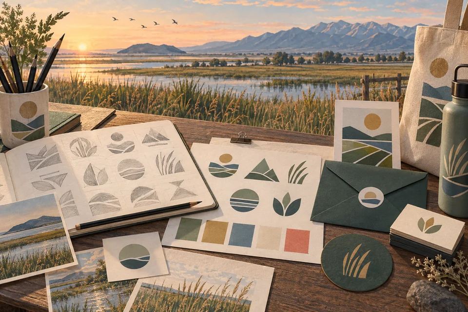 Conceptual identity sketches beside a Hooper-inspired wetland landscape