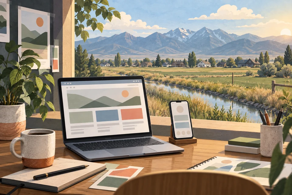 Conceptual responsive web design desk overlooking a Hooper-inspired rural landscape