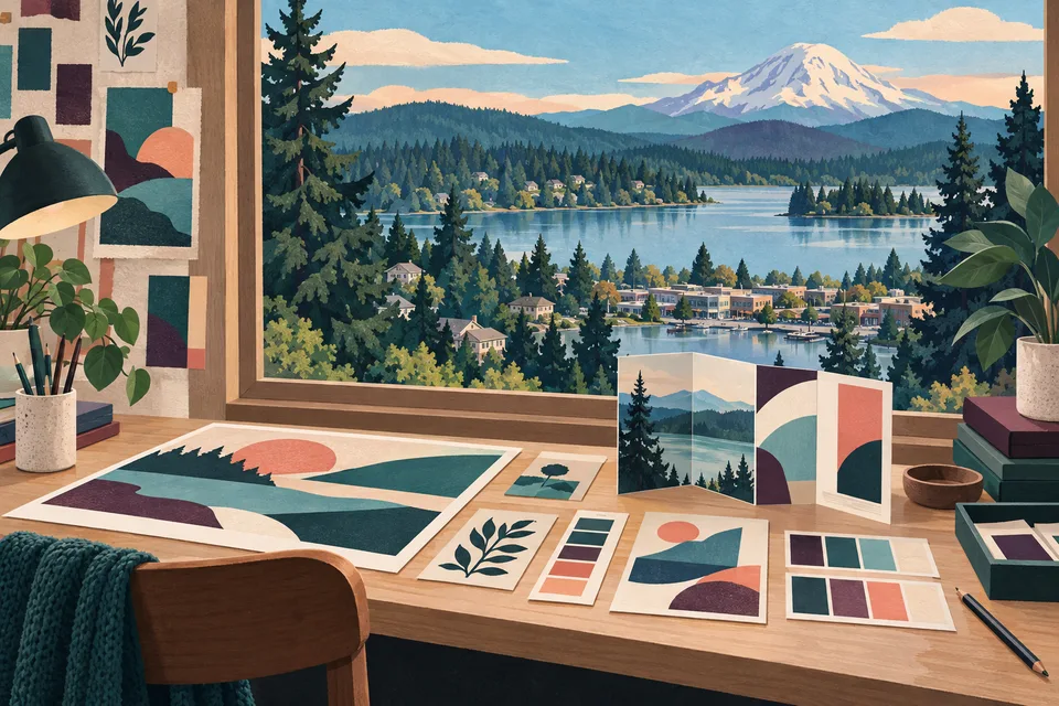 Conceptual graphic design materials overlooking a Lakeland South neighborhood lake