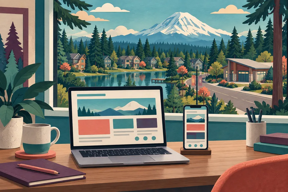 Conceptual web design desk overlooking a Lakeland South neighborhood lake