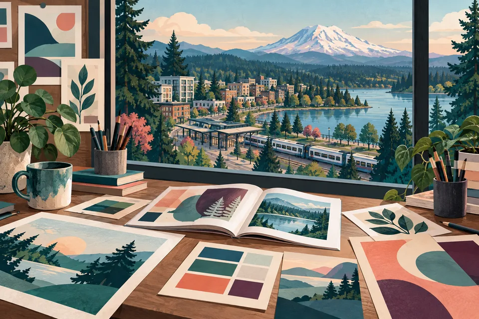 Conceptual graphic design materials overlooking Lakewood downtown and transit