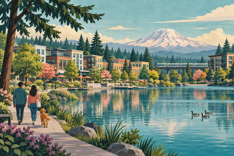 Conceptual Lakewood lake, mixed-use downtown, transit and distant Mount Rainier