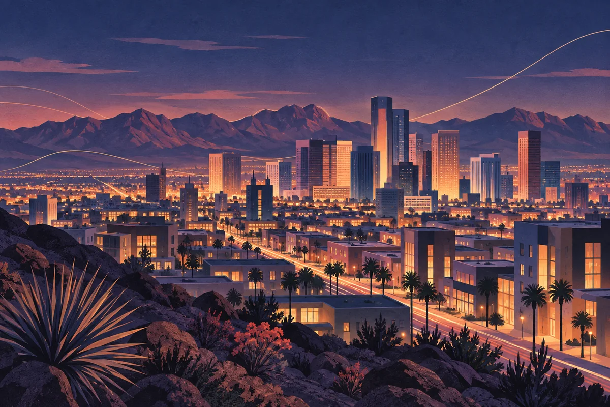 Conceptual illustration of an imaginary desert city at dusk, with generic buildings and mountains