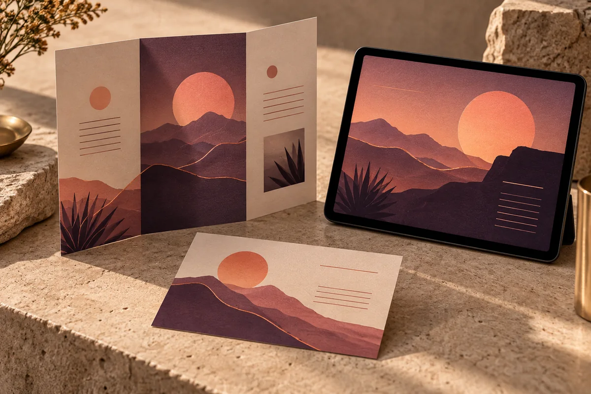 Conceptual unbranded brochure, card, and tablet with abstract desert sunset artwork