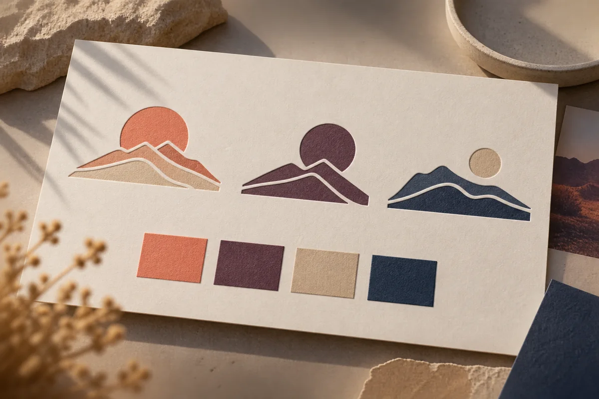 Conceptual sheet of three abstract desert ridge and sun symbol studies with color swatches