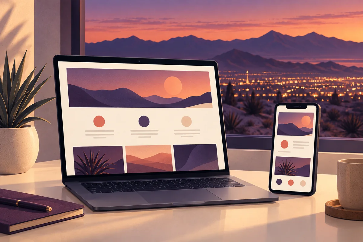 Conceptual laptop and phone showing a fictional website beside a desert city at sunset