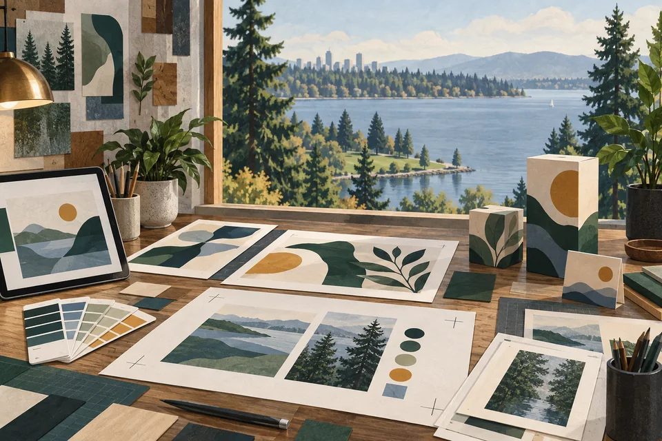 Conceptual graphic design materials overlooking a Medina-inspired lake and open space