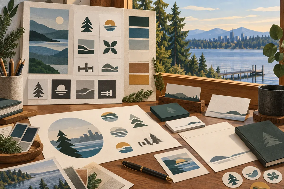 Conceptual identity sketches beside a Medina-inspired lake, evergreen and skyline landscape