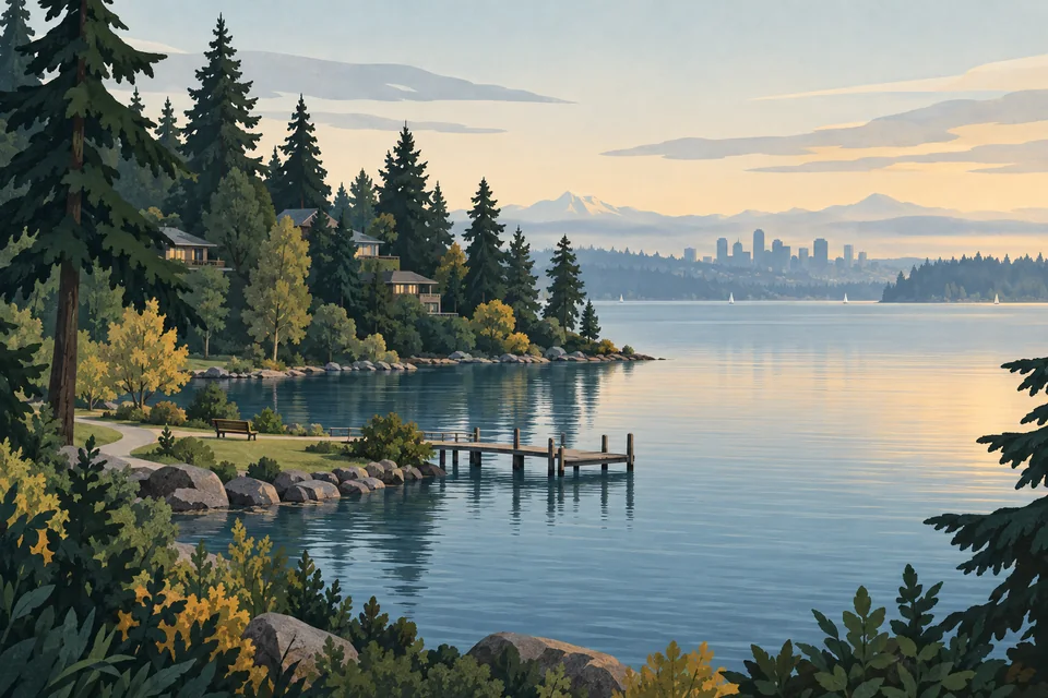 Conceptual Medina wooded shoreline, public green space, dock and distant regional skyline
