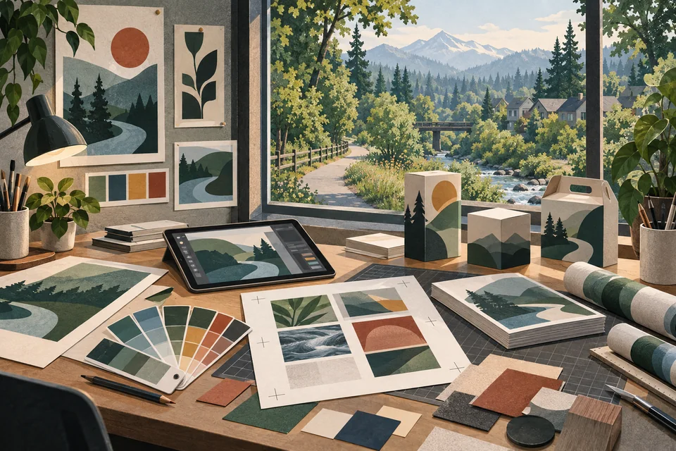 Conceptual graphic design materials overlooking a Milton-inspired trail and evergreen corridor