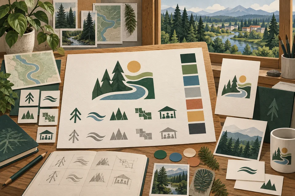 Conceptual identity sketches beside a Milton-inspired creek, trail and evergreen landscape