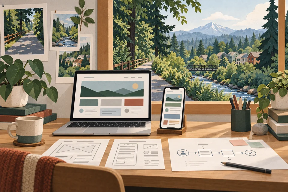 Conceptual responsive web design desk overlooking a Milton-inspired trail and creek corridor