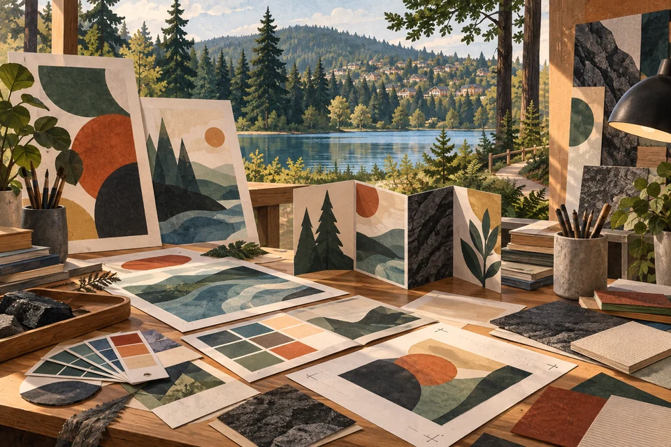 Conceptual graphic design materials overlooking a Newcastle-inspired forested lake