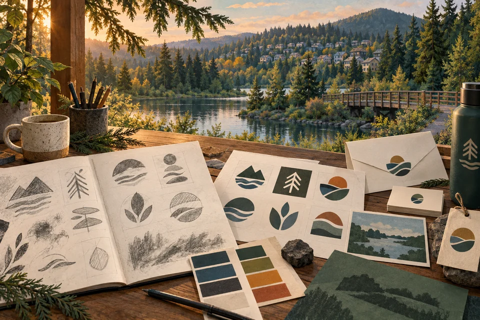 Conceptual identity sketches beside a Newcastle-inspired lake and evergreen landscape
