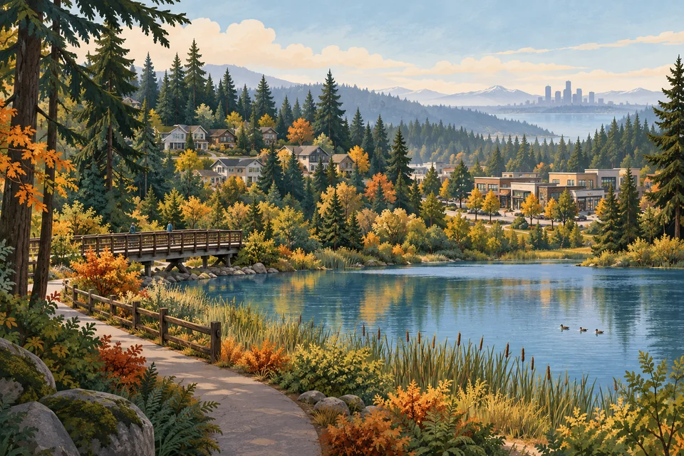 Conceptual Newcastle lake, wooded trail, hillside neighborhoods and regional skyline