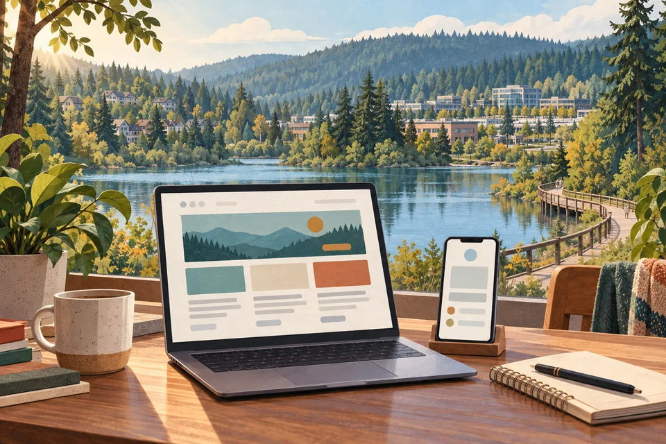 Conceptual responsive web design desk overlooking a Newcastle-inspired forested lake