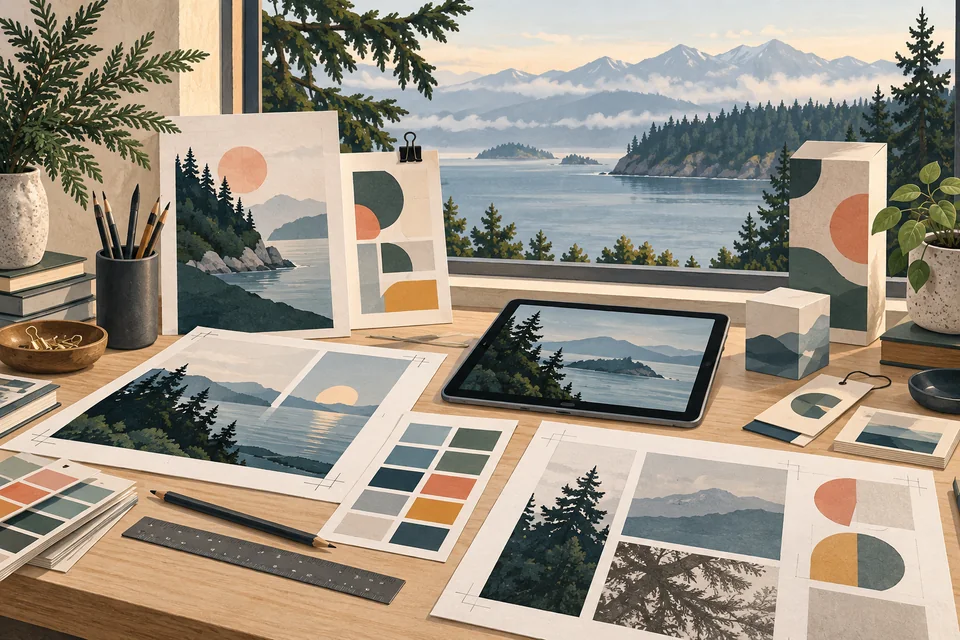 Conceptual graphic design materials overlooking a Normandy Park-inspired forested Puget Sound shoreline