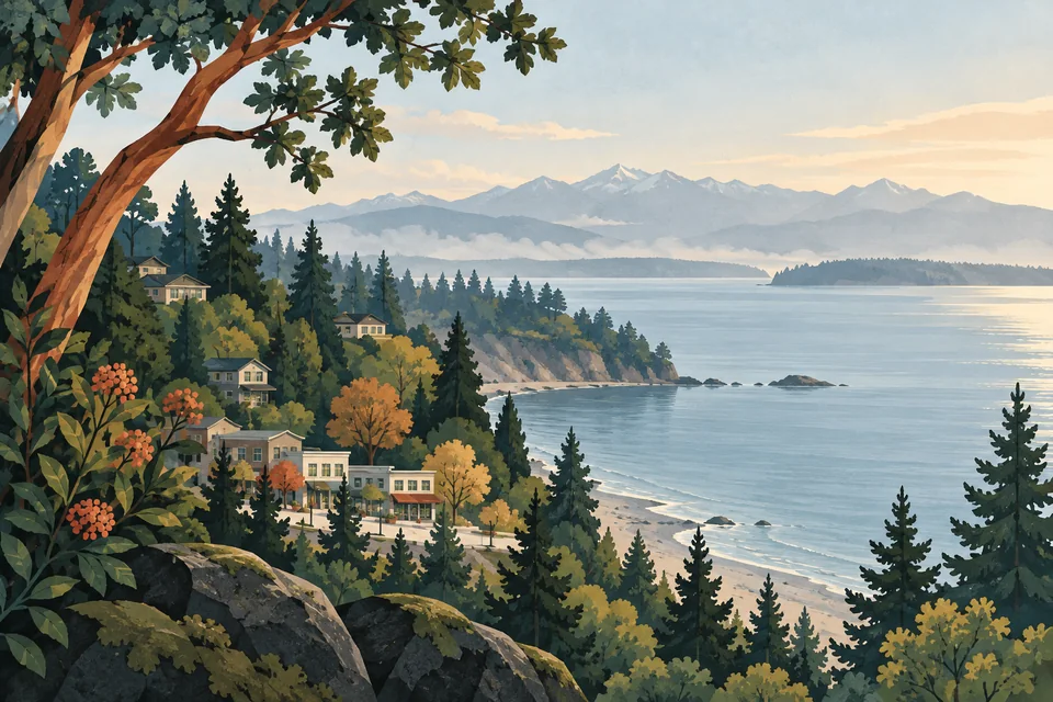 Conceptual Normandy Park Puget Sound shoreline, forested bluff, neighborhoods and Olympic Mountain horizon