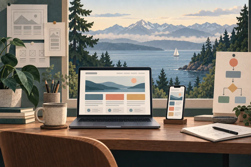 Conceptual responsive web design desk overlooking a Normandy Park-inspired forested Puget Sound shoreline