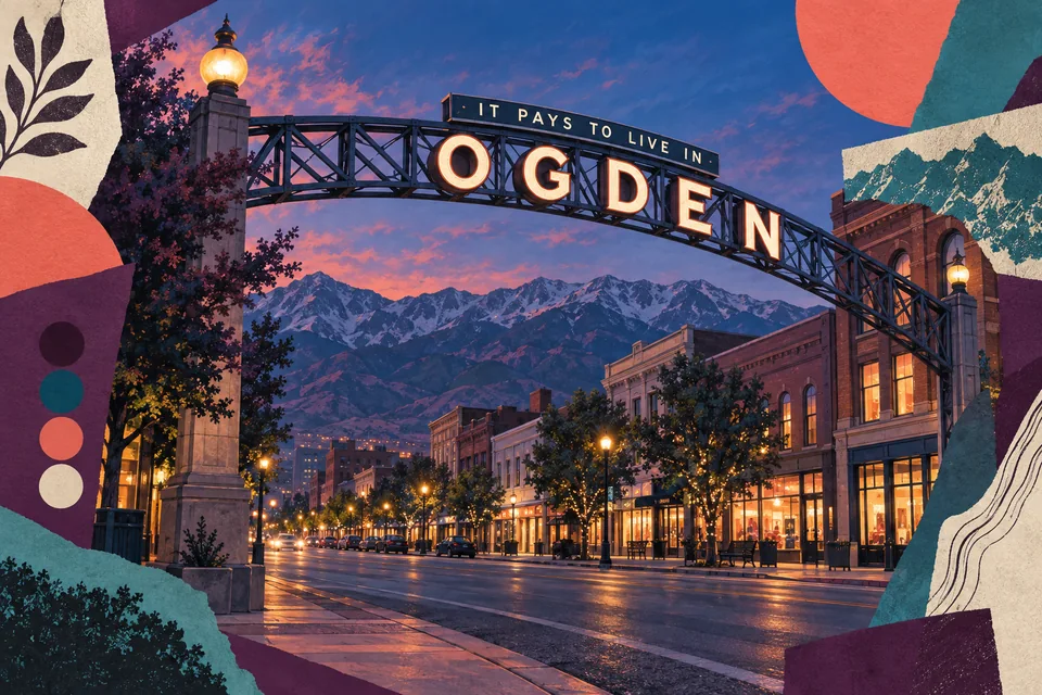 Original illustration of Ogden’s Washington Boulevard arch with the word Ogden, downtown streets, and mountains