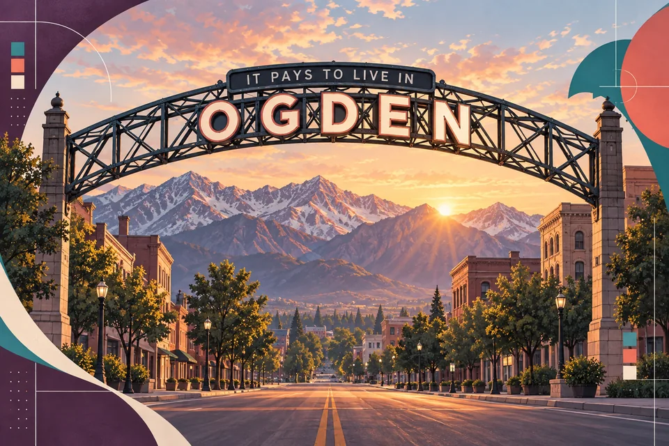 Original illustration of Ogden’s Washington Boulevard arch with the word Ogden, downtown streets, and mountains