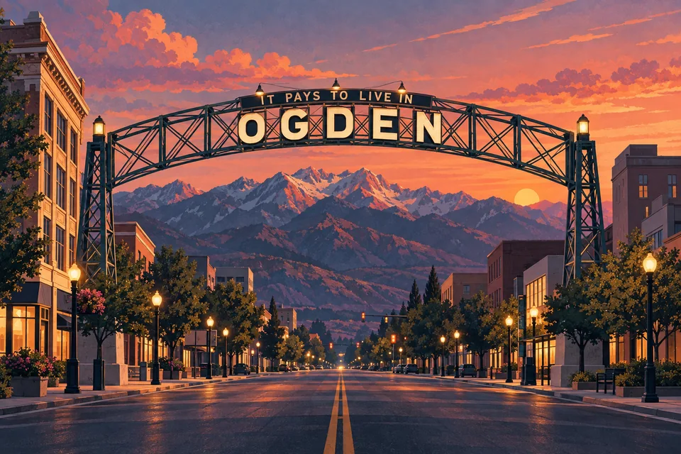 Original illustration of Ogden’s Washington Boulevard arch with the word Ogden, downtown streets, and mountains