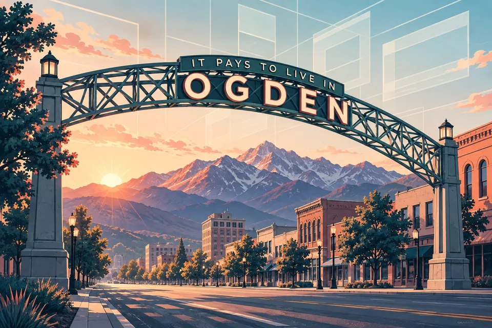 Original illustration of Ogden’s Washington Boulevard arch with the word Ogden, downtown streets, and mountains