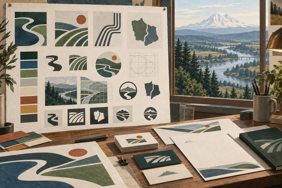 Conceptual identity sketches beside a Pacific-inspired White River valley and regional business corridor with river, valley and Mount Rainier references