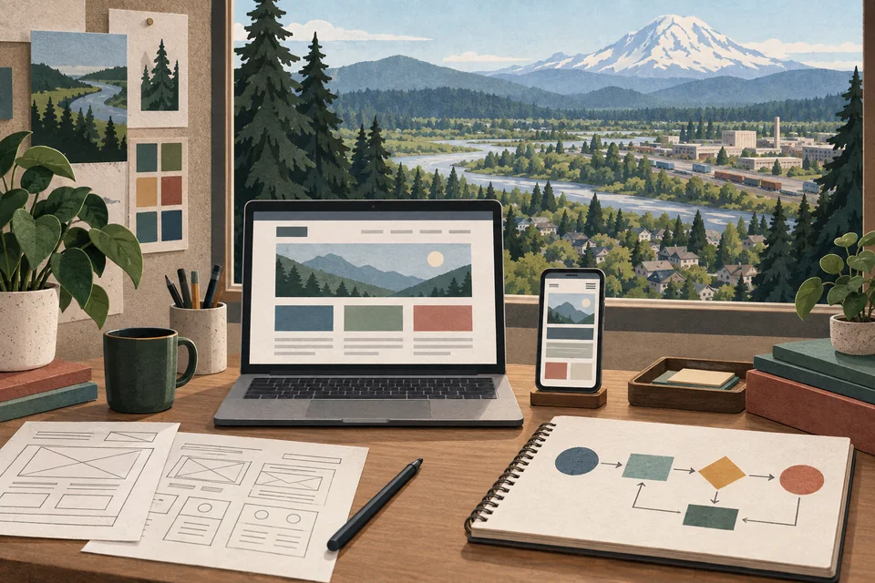 Conceptual responsive web design desk overlooking a Pacific-inspired White River valley, neighborhood and regional business corridor