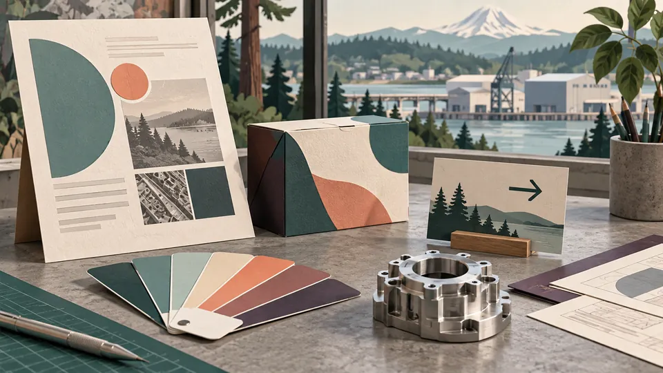 Illustrated unbranded printed materials and a precision-machined component on a studio table