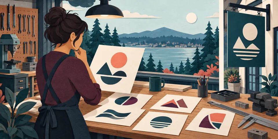 Illustrated designer reviewing abstract identity concepts in a generic workshop
