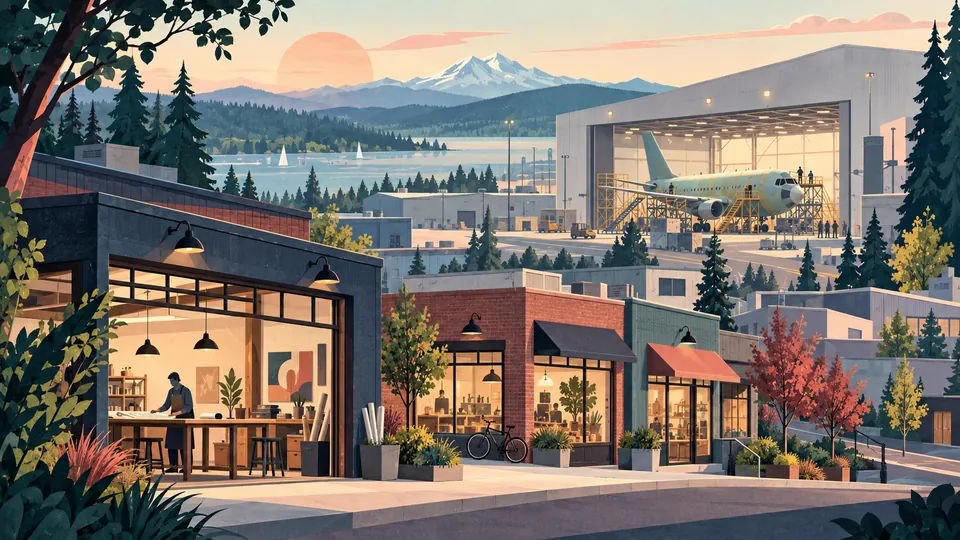Concept illustration of independent Renton-area storefronts with a generic aircraft assembly hangar, lake and evergreens