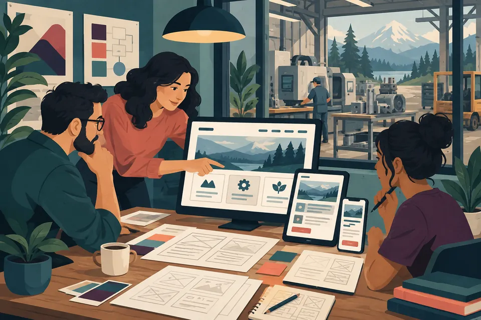 Illustrated team planning responsive website layouts beside a generic precision workshop