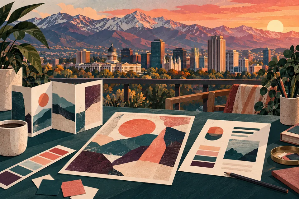 Illustrated print design materials on a table with Salt Lake City skyline and Wasatch mountains beyond