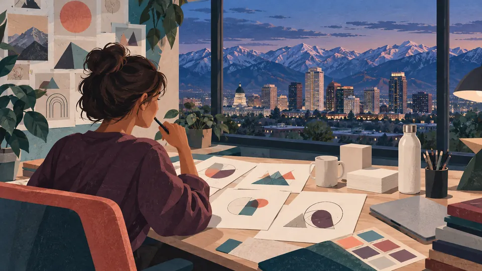 Illustrated designer reviewing abstract identity sketches against a Salt Lake City skyline and mountain view