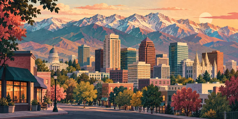 Illustrated Salt Lake City skyline with the Wasatch mountains behind downtown buildings and a small storefront